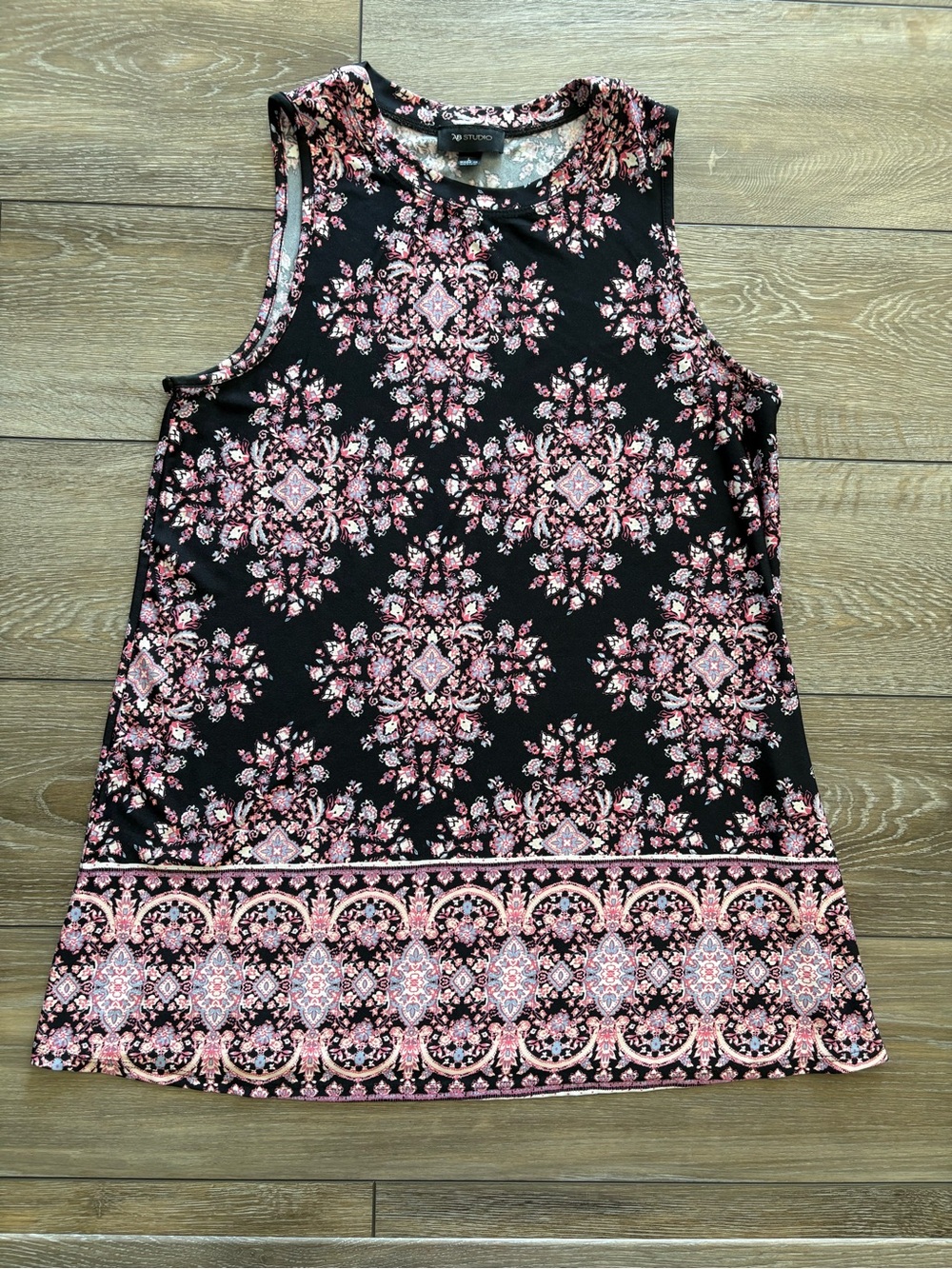 AB Studio Black Tank with Pink and Cream Floral Medallion Print